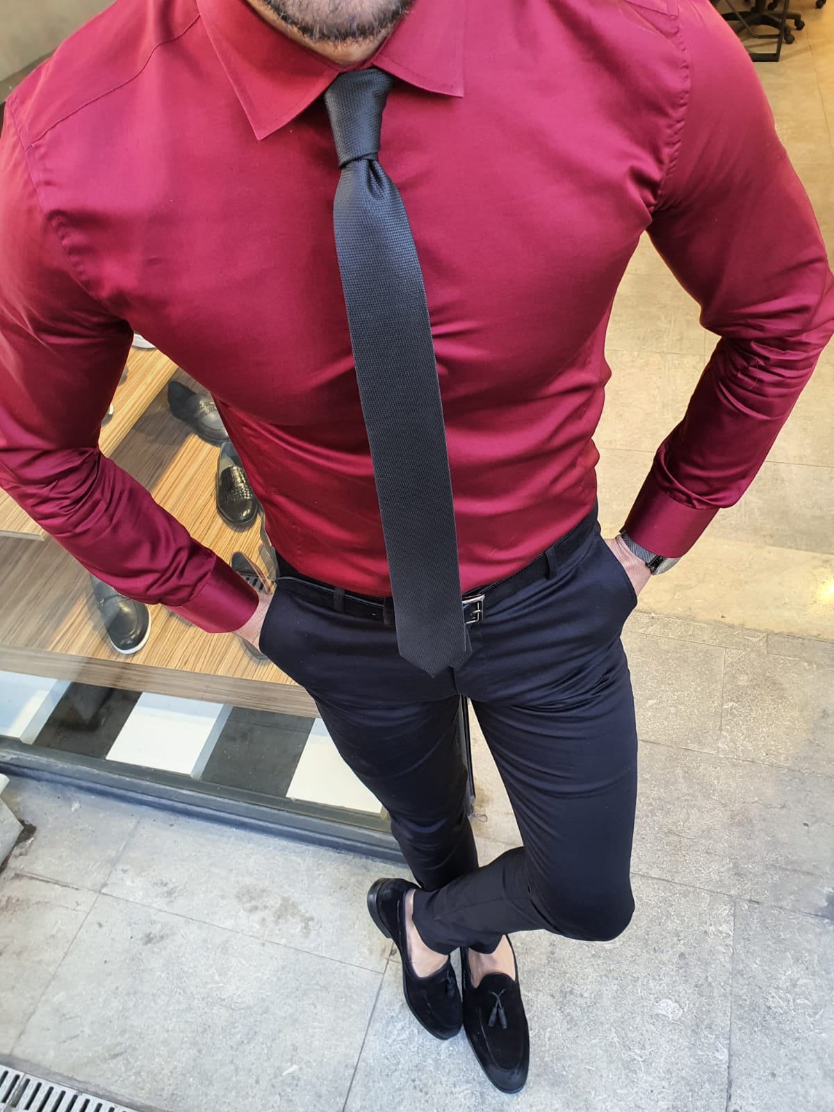 Cotton Maroon Slim Fit Solid Formal Shirt